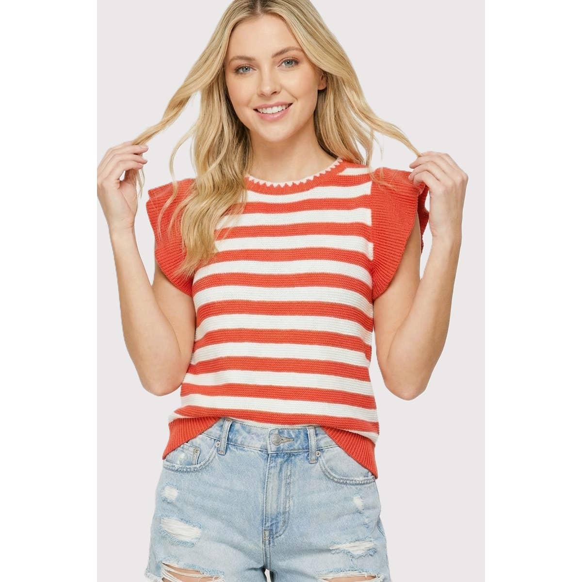 Outerwear Women’s STRIPED RUFFLE SLEEVE SWEATER 55950