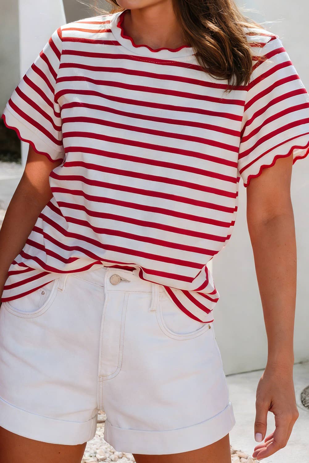Shirts Women’s LDC Spring Scalloped Trim Round Neck Stripe T Shirt P219 P319