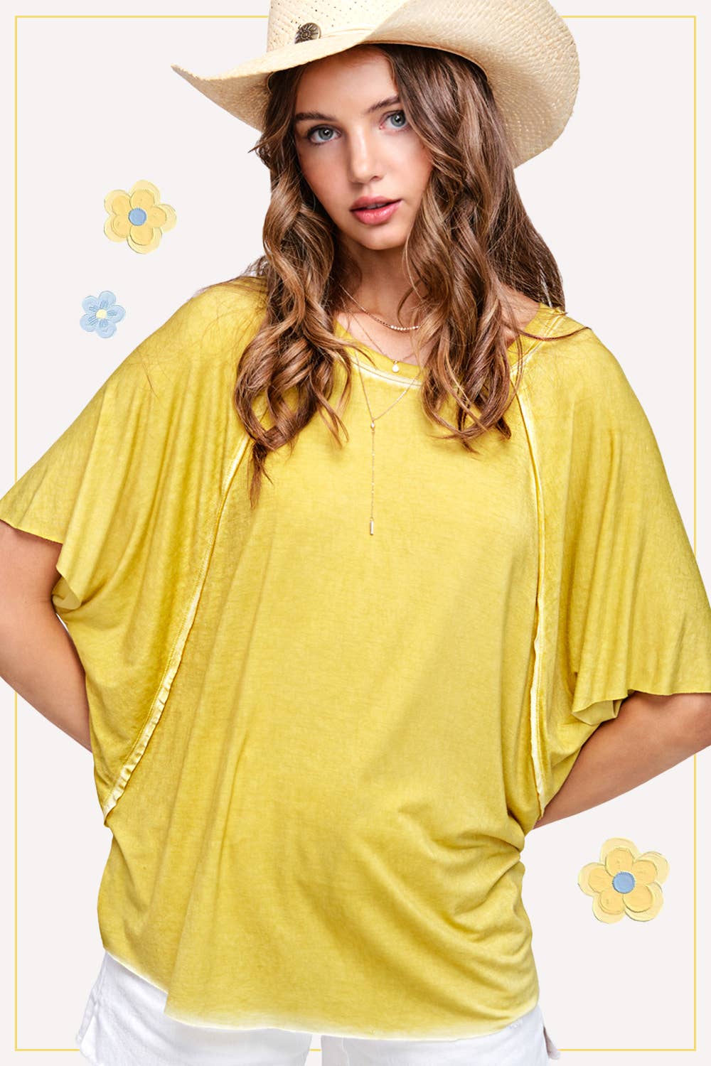 HBT7653 Dyed Fabric Round Neck Batwing Short Sleeve Women’s Shirts