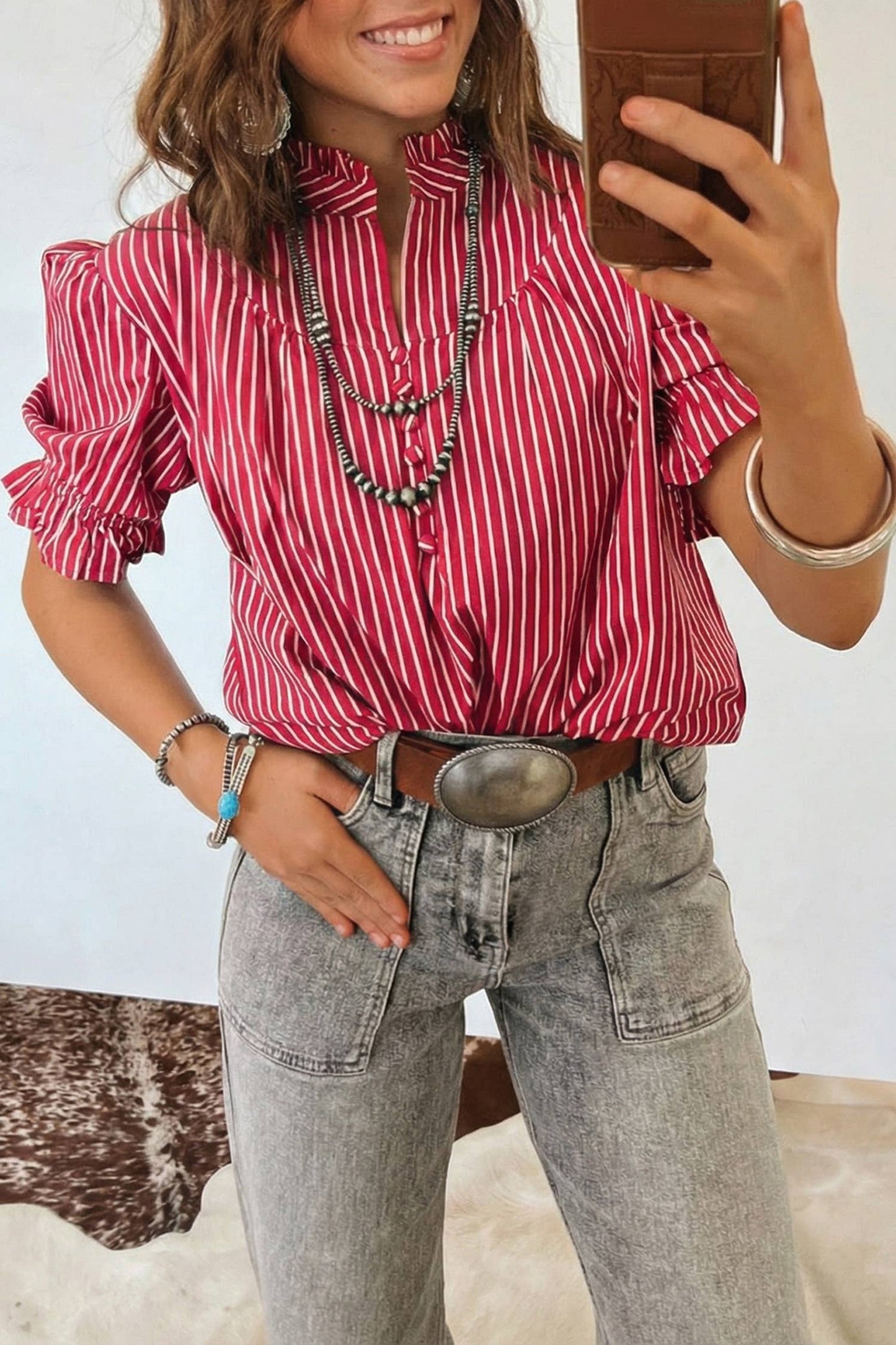 LDC Western Striped Round Neck Short Sleeve Top