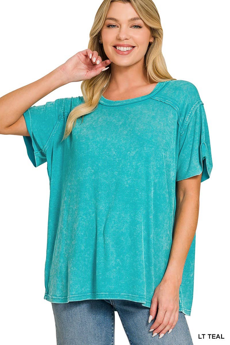 8393A Washed Ribbed Short Sleeve Boat-neck Top