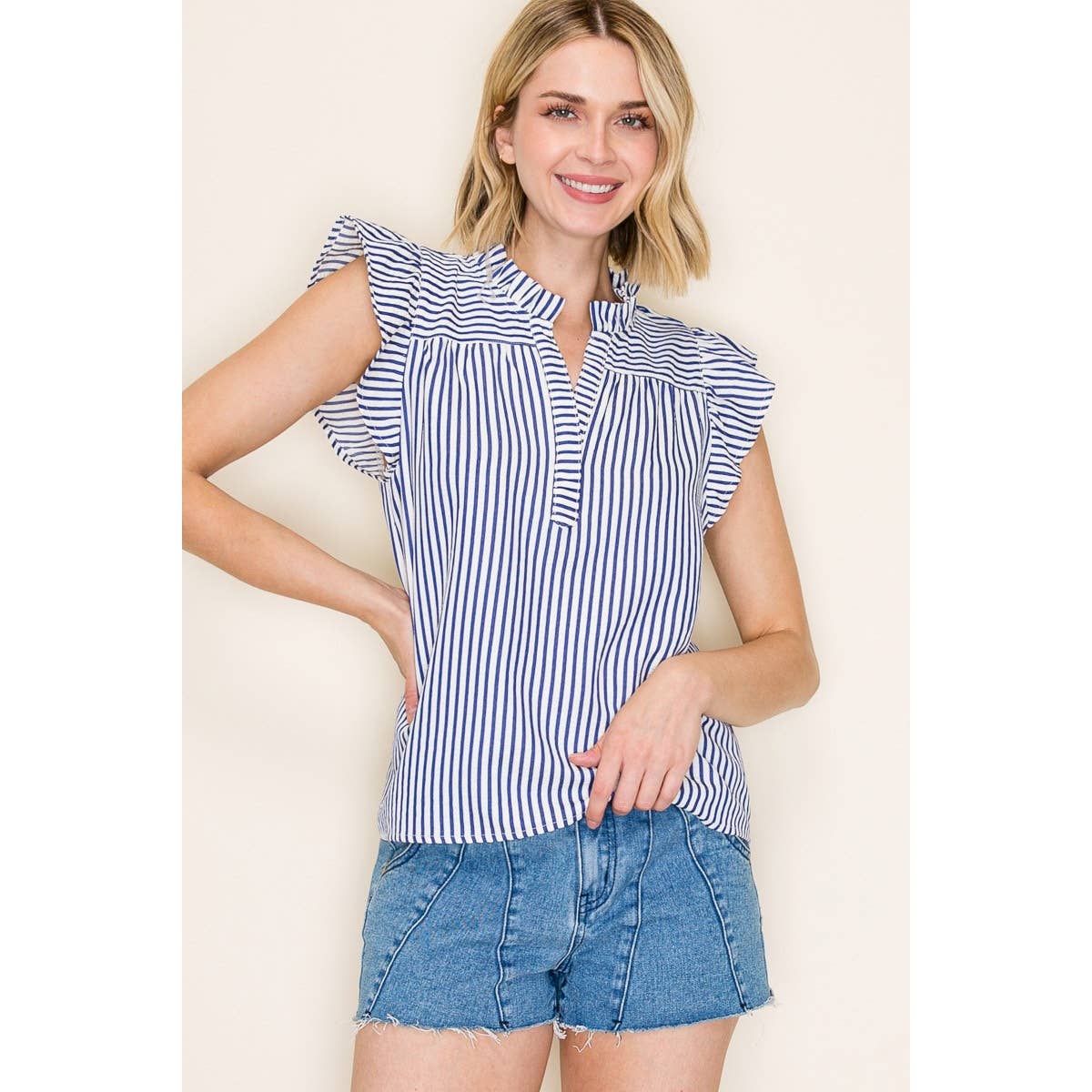 Shirts Women’s FRILLED SPLIT NECK STRIPED TOP 20952