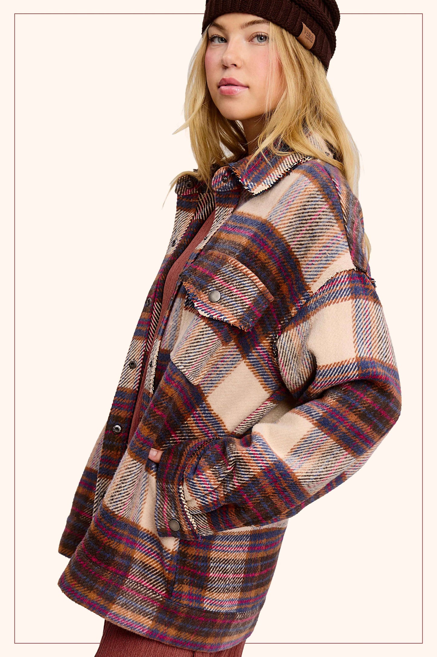 Outerwear Loose Fit Plaid Button Down Shacket with  Pockets JKT1797