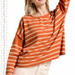 MCS3588-Striped Round Neck Loose Fit Long Sleeve Sweater