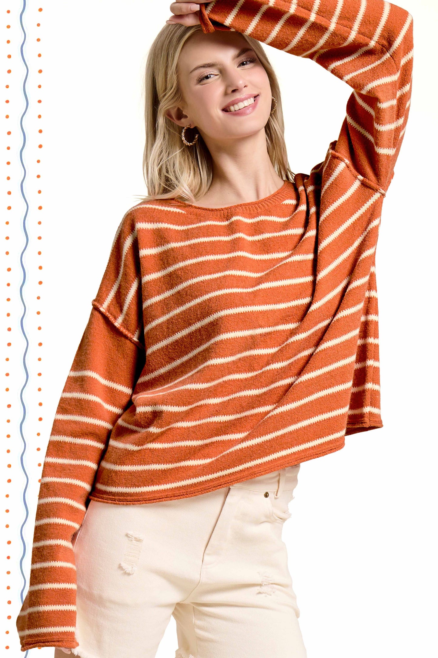 MCS3588-Striped Round Neck Loose Fit Long Sleeve Sweater