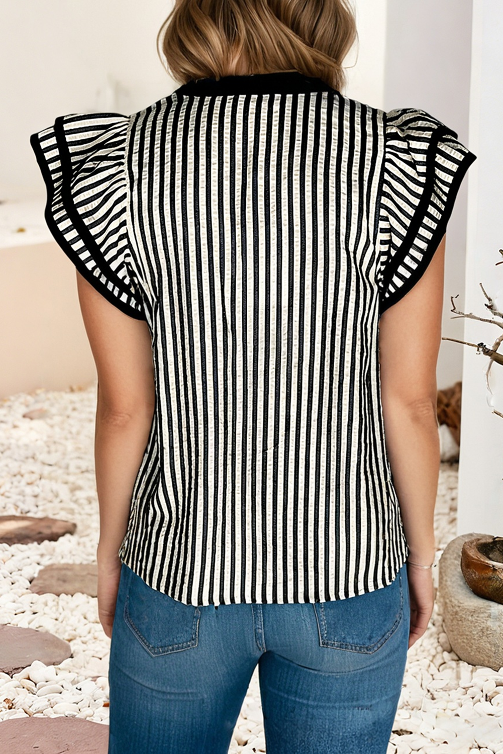 LDC Double Ruffled Short Sleeve Contrast Trim V Neck Blouse P1619