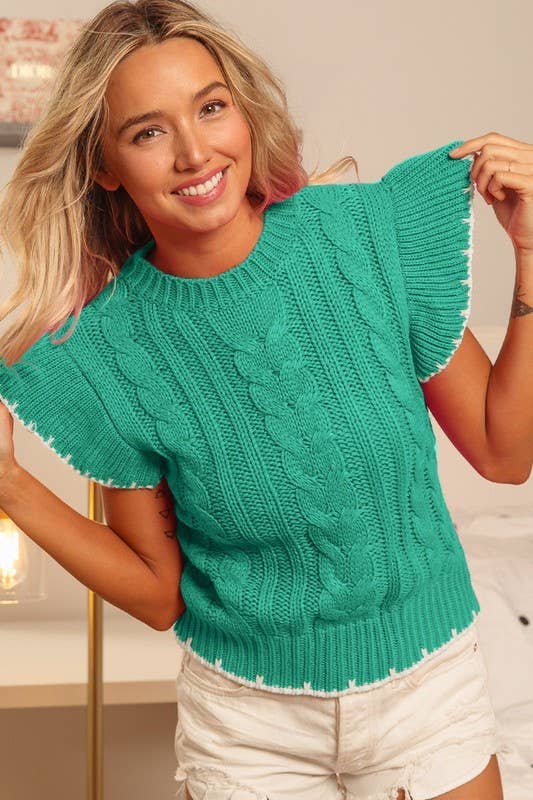 1586 Cable Knit Ruffle Sleeve Sweater