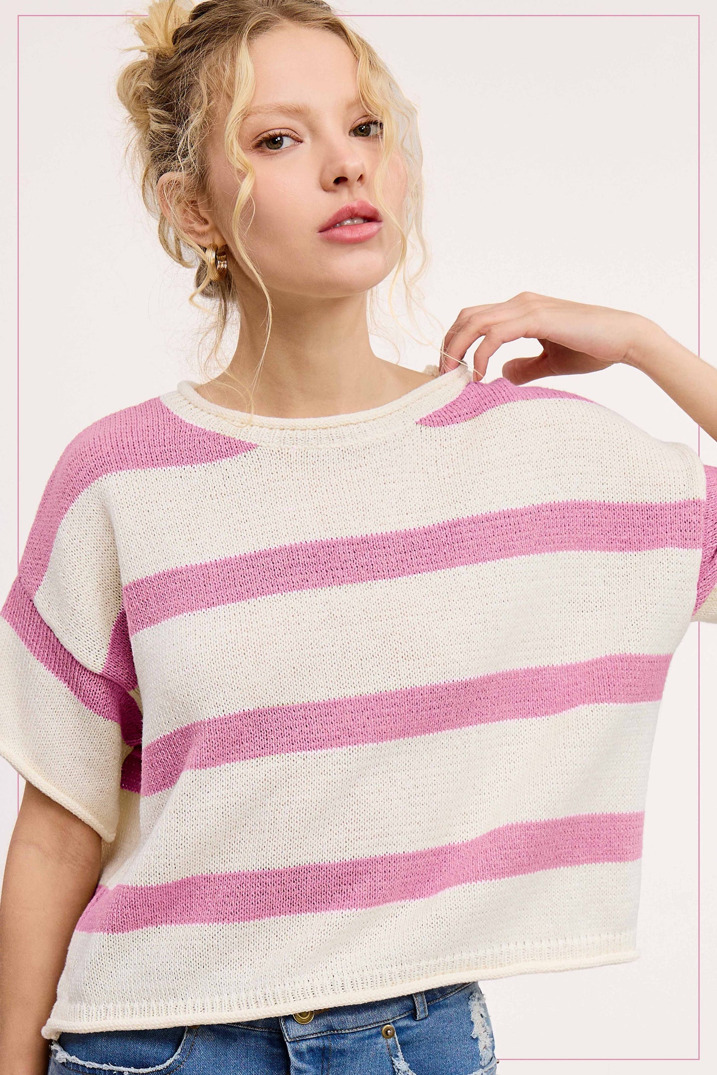 MCS3579-Boxy Silhouette Stripe Lightweight Sweater Top Outerwear Women’s
