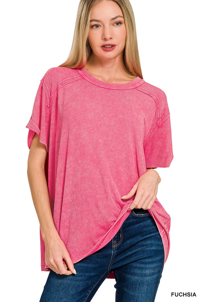 Washed Ribbed Short Sleeve Boat-neck Top 8393a