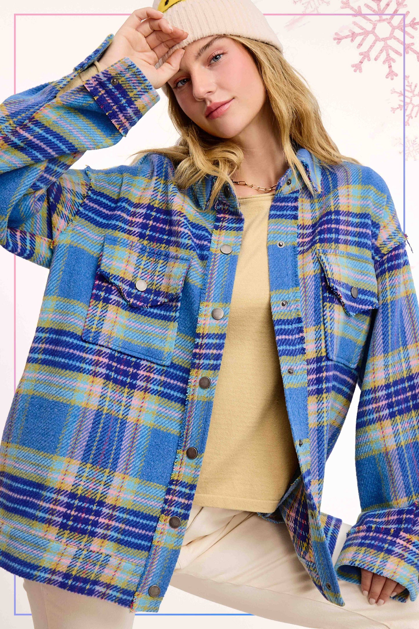 Outerwear Loose Fit Plaid Button Down Shacket with  Pockets JKT1797