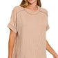 8451 Textured Line Short Cuff Sleeve Raw Edge Top