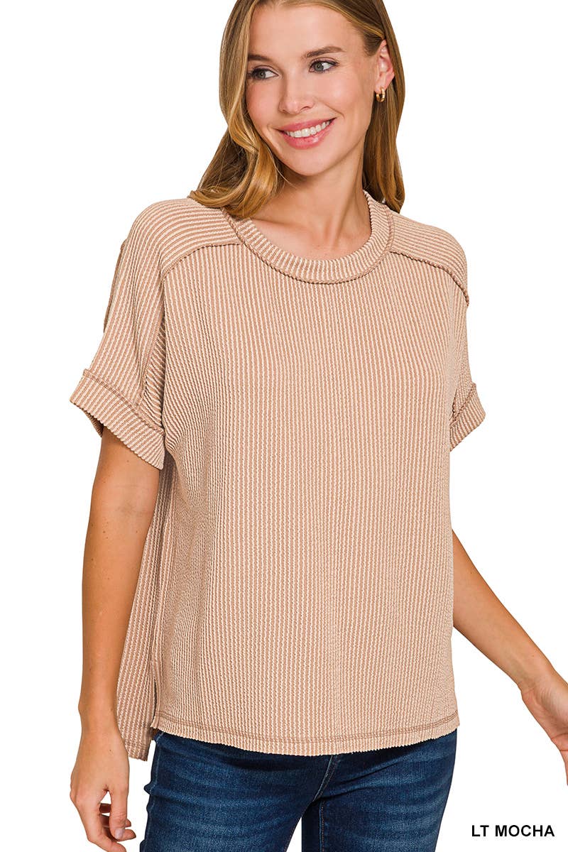 8451 Textured Line Short Cuff Sleeve Raw Edge Top