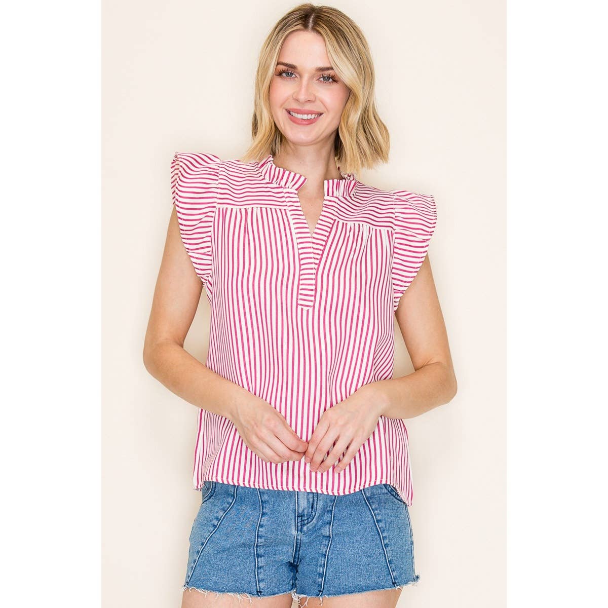 Shirts Women’s FRILLED SPLIT NECK STRIPED TOP 20952