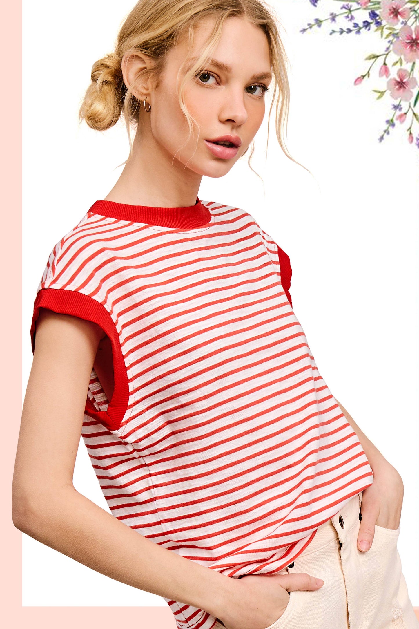 JDT7710 Shirts Women’s Nautical Cap Sleeve Striped Top 4th of july
