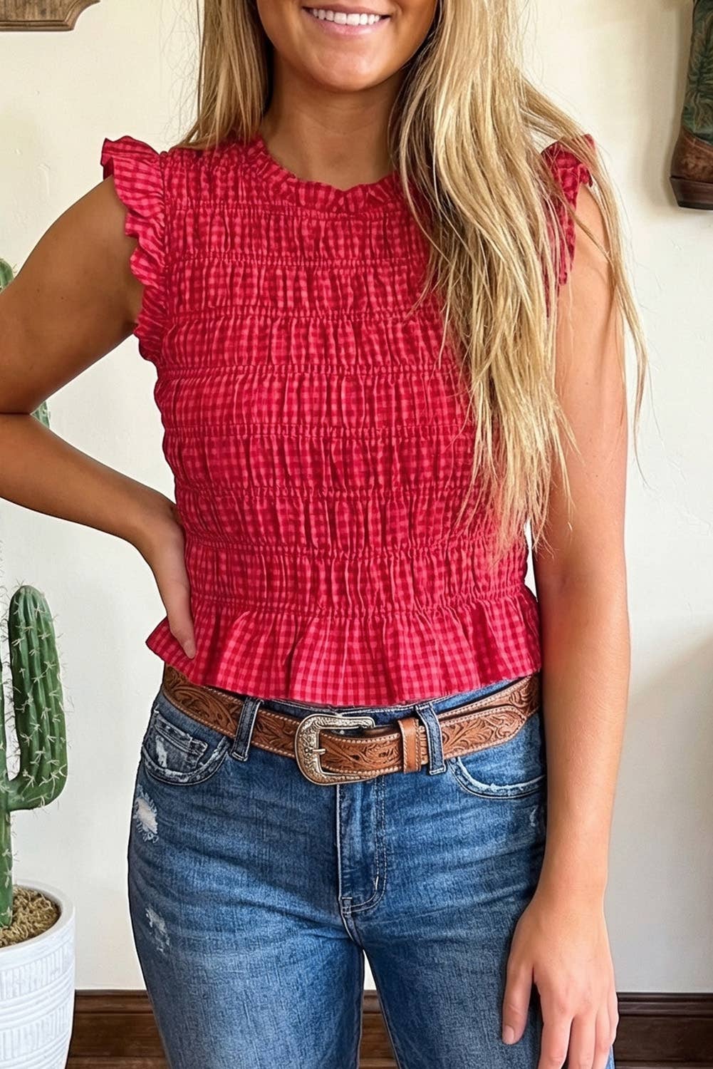 Shirts Women’s  Plaid Shirred Ruffle Trim Tank Top