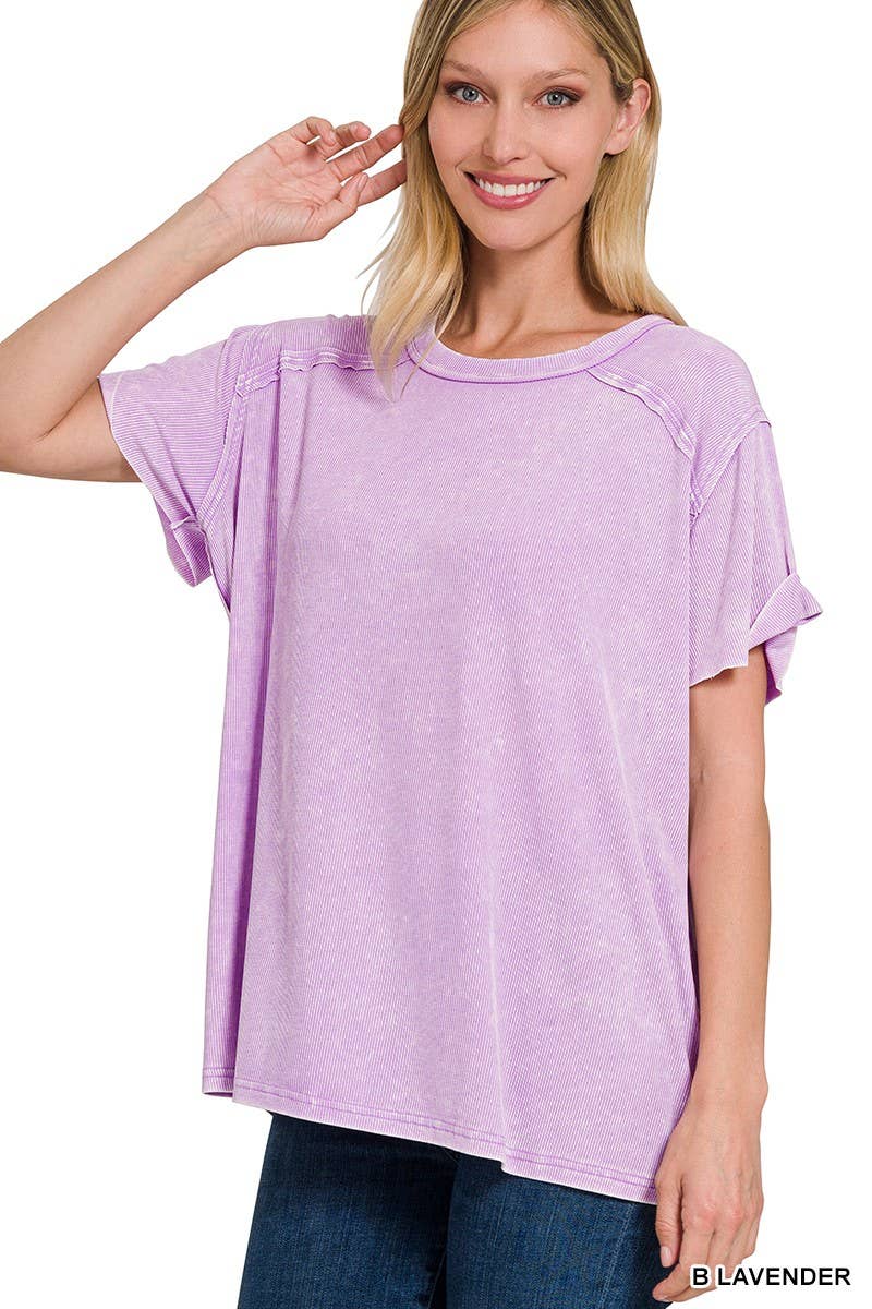 Washed Ribbed Short Sleeve Boat-neck Top 8393a