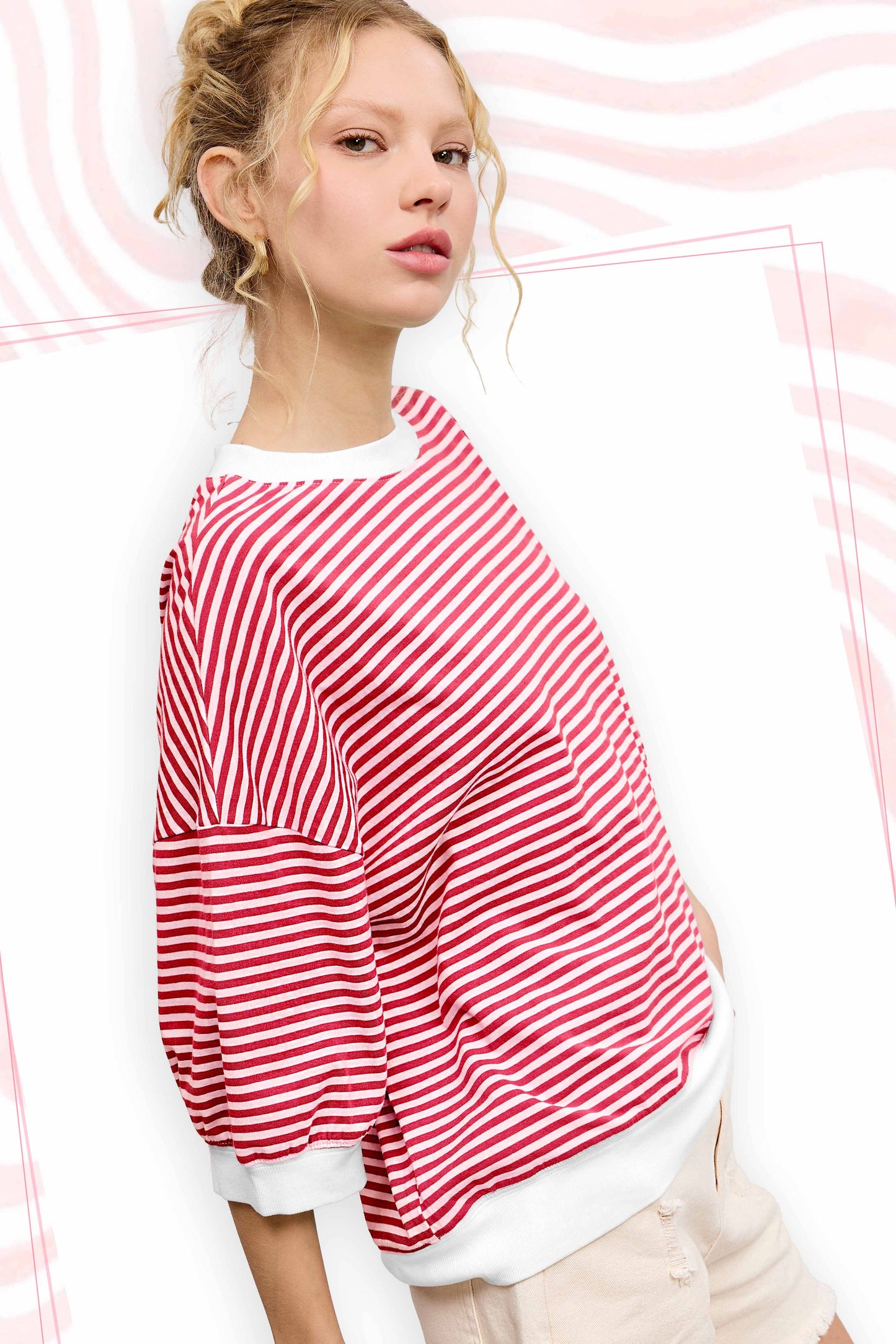 Shits Women’s Loose Fit Striped Short Sleeve Crew Neckline Top MCT7688
