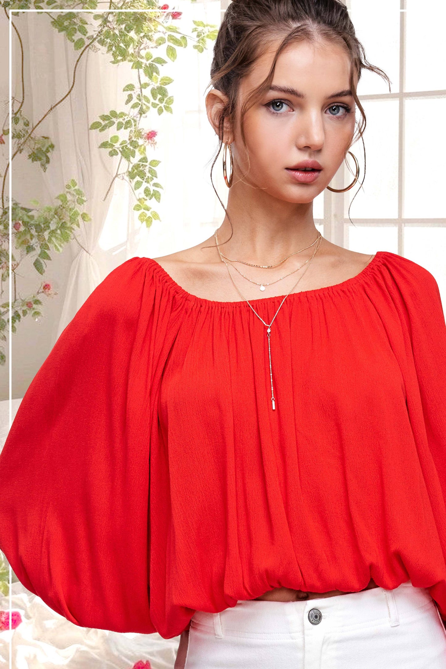 HAT7501 Breathable Fabric Off Shoulder Balloon Sleeve Top Women’s Shirts