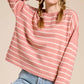 MCS3588-Striped Round Neck Loose Fit Long Sleeve Sweater