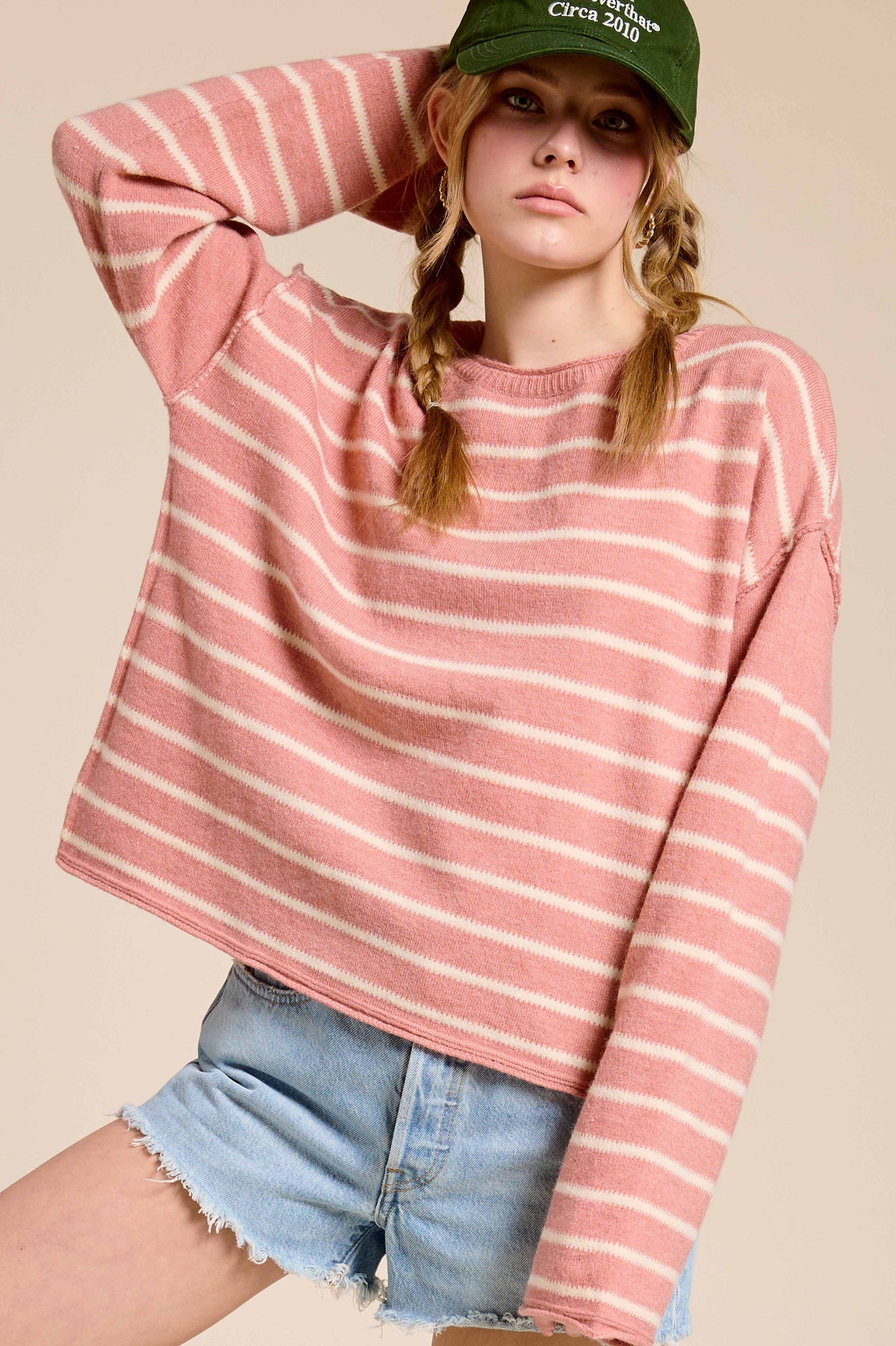 MCS3588-Striped Round Neck Loose Fit Long Sleeve Sweater