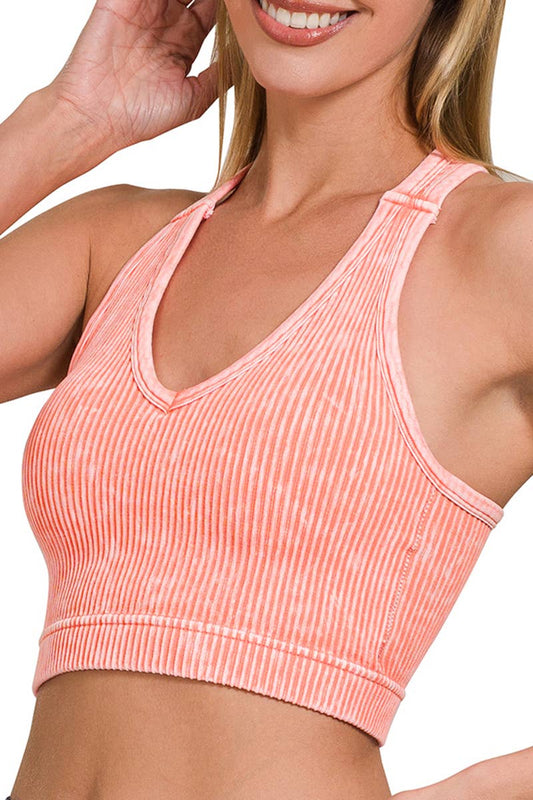 Stone Washed Ribbed Racerback Tank Top W Bra Pad