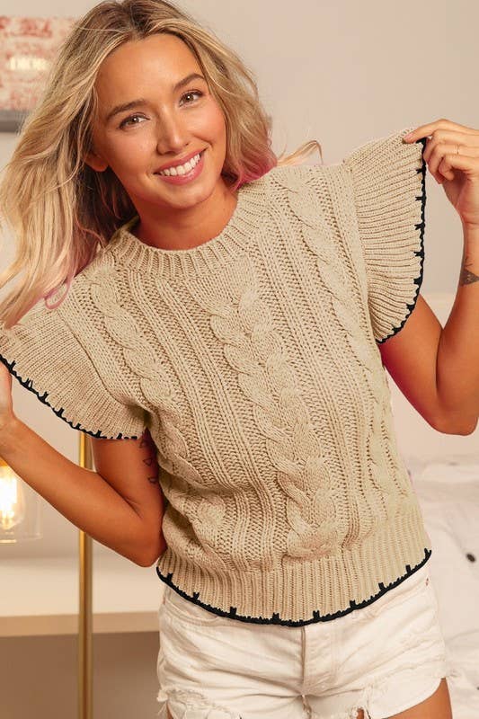 1586 Cable Knit Ruffle Sleeve Sweater