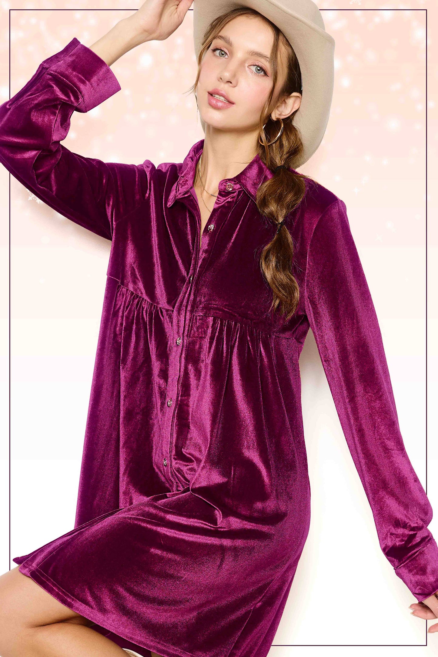 HCD9315-Soft Velvety Button Down Collar Dress