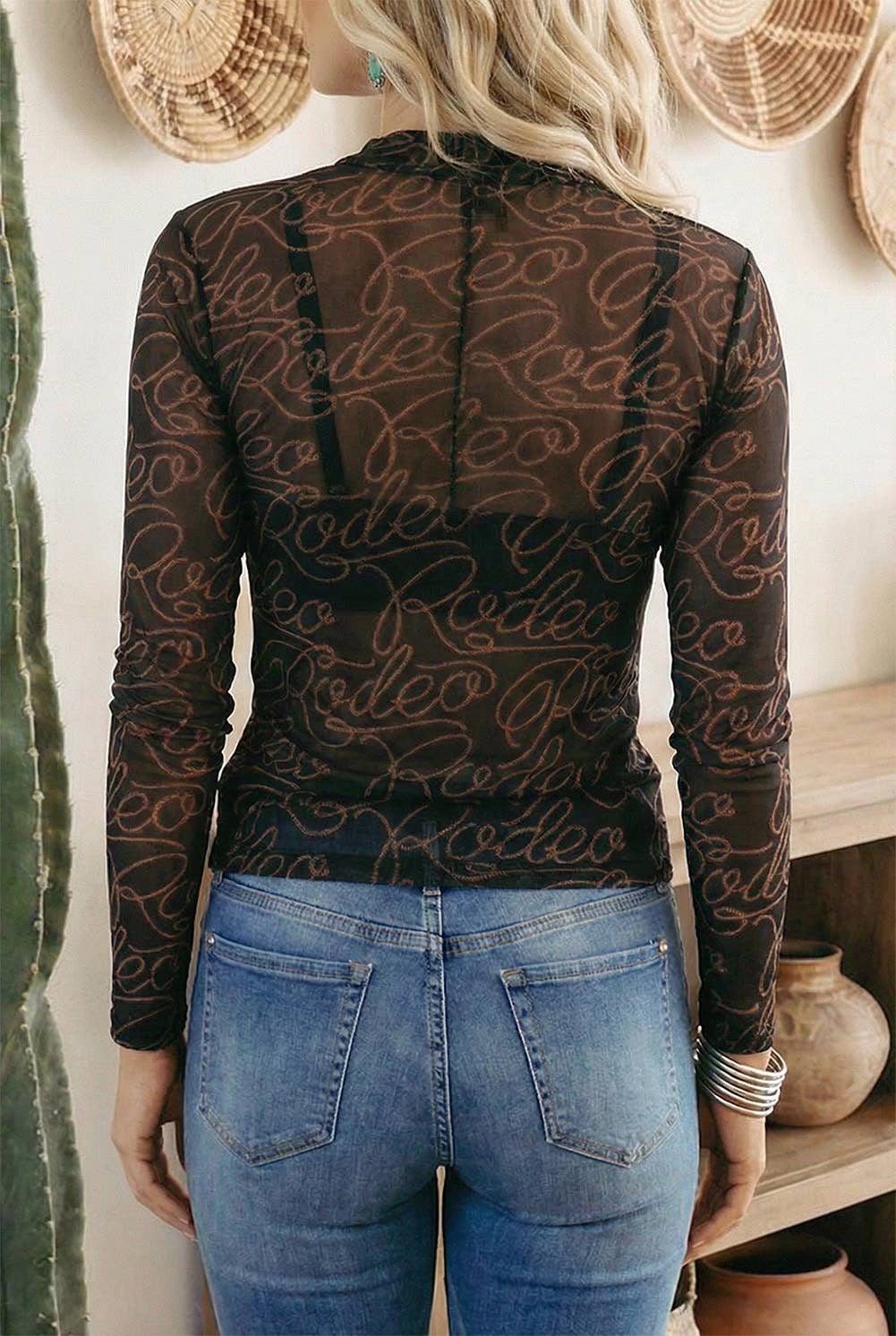 LDC Western Rodeo Printed Mock Neck Long Sleeve Mesh Top P-220