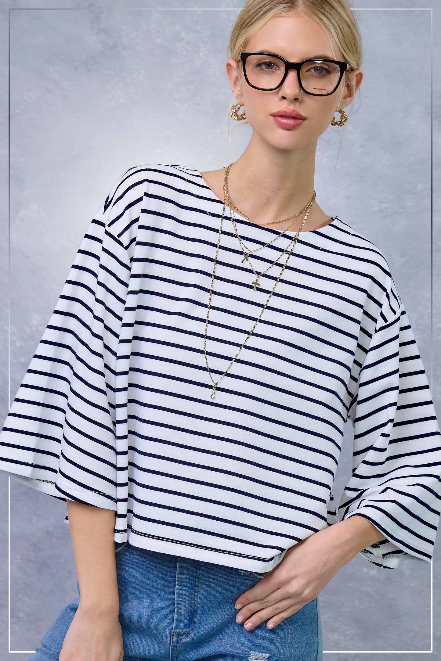HDT7723-Striped Semi Crop Top women’s shirt with 3/4 Bell Sleeves