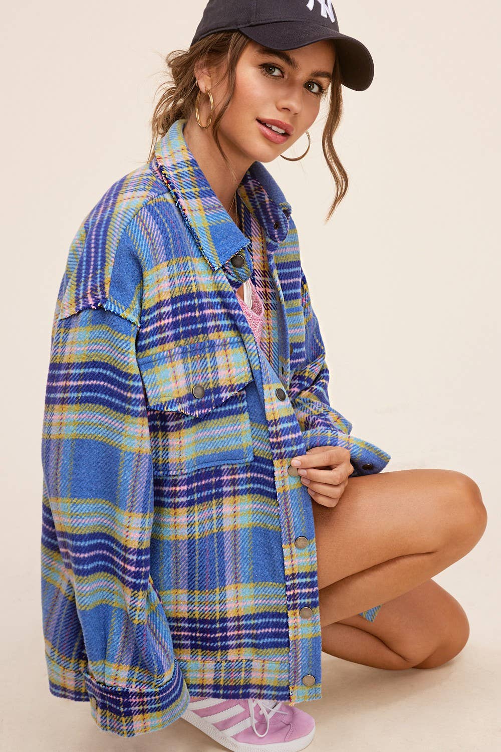 Outerwear Loose Fit Plaid Button Down Shacket with  Pockets JKT1797