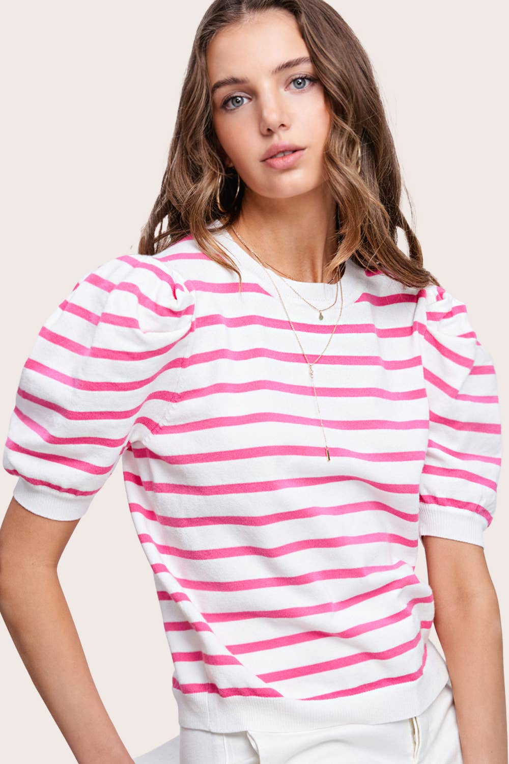 Shirts Women’s Lightweight Puff Short Sleeve Stripe Knit Top JCS3562