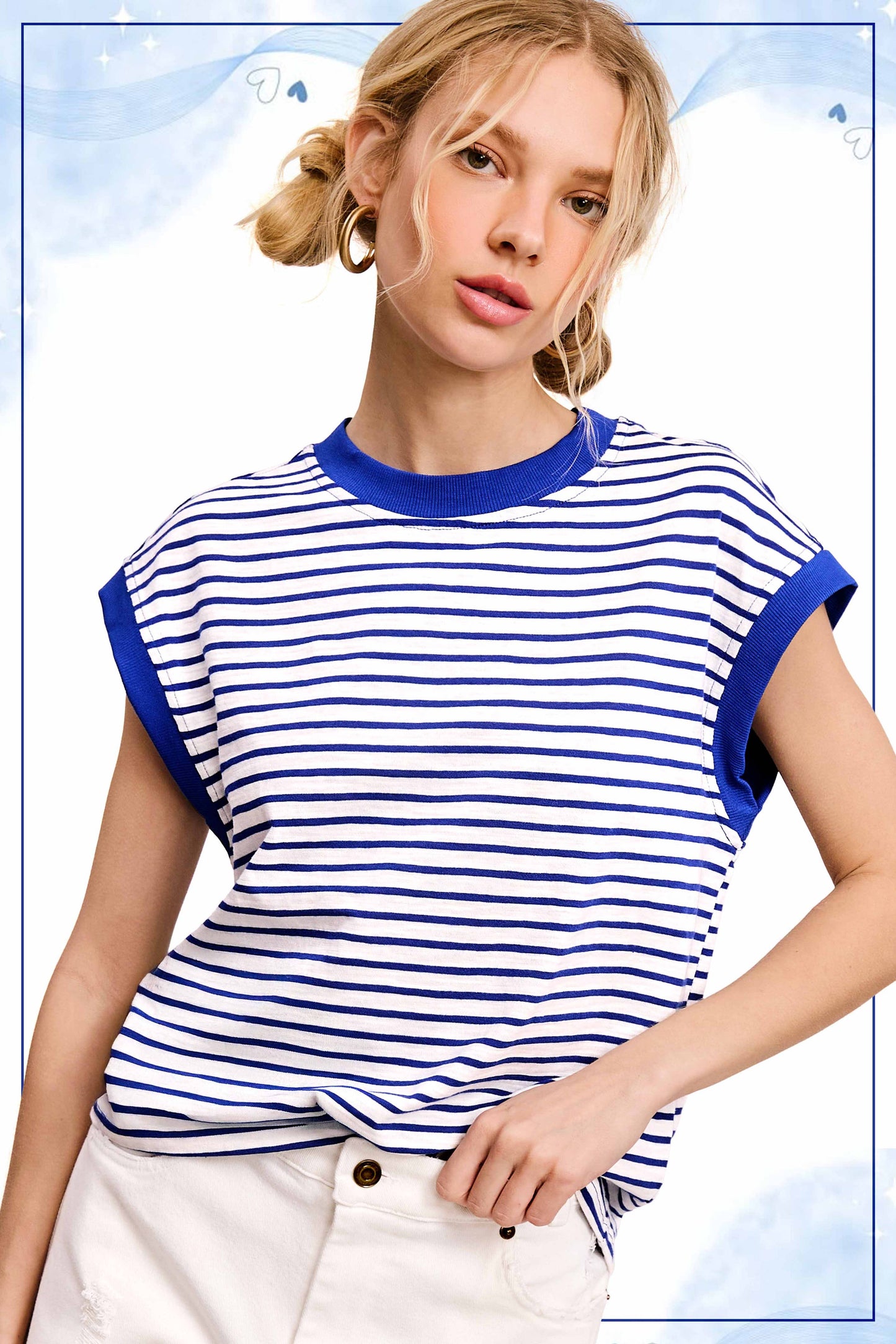 JDT7710 Shirts Women’s Nautical Cap Sleeve Striped Top 4th of july