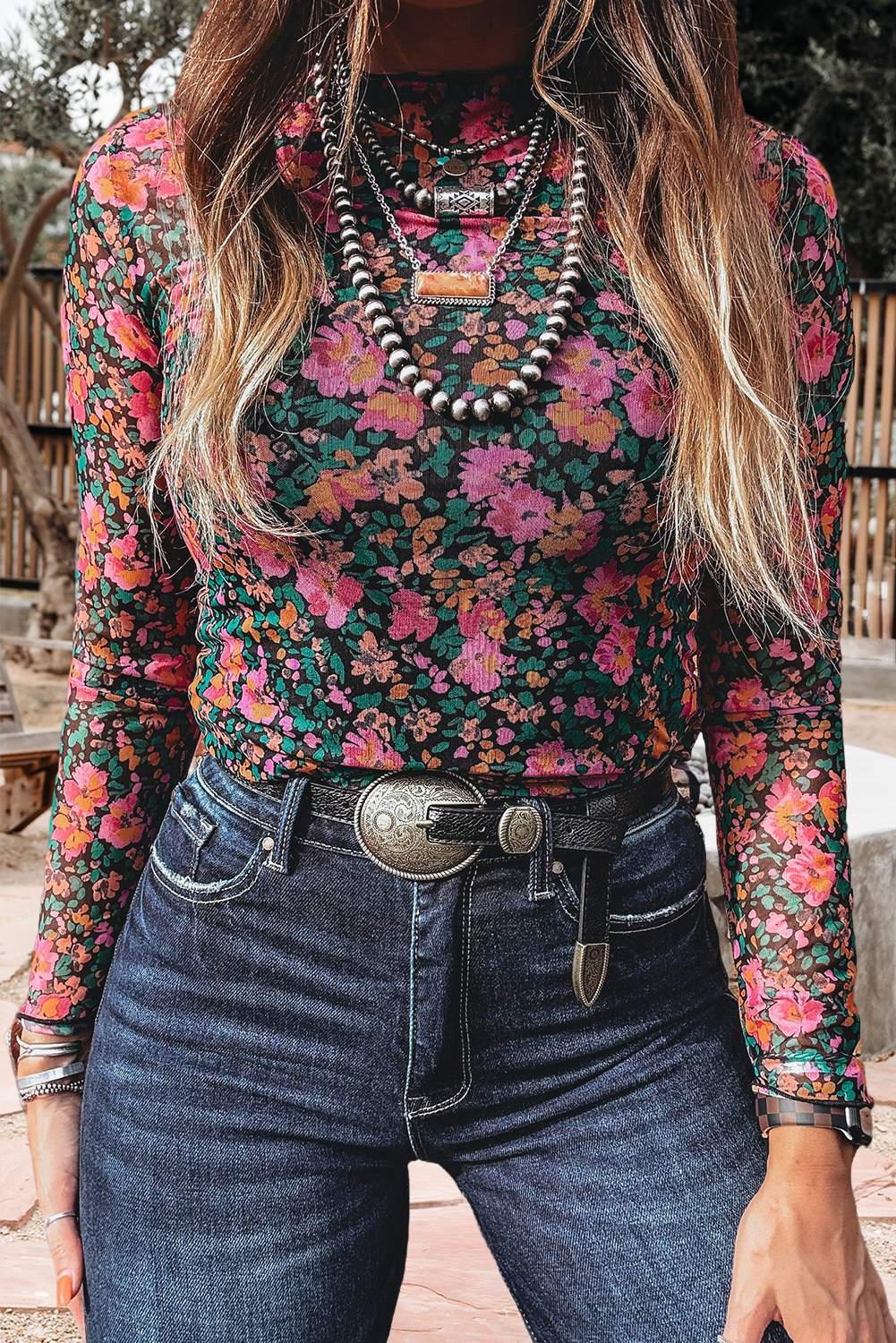 Shirts Women’s Floral Western Mesh Mock Neck Sheer Slim Fit Blouse P1015