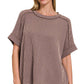 8451 Textured Line Short Cuff Sleeve Raw Edge Top