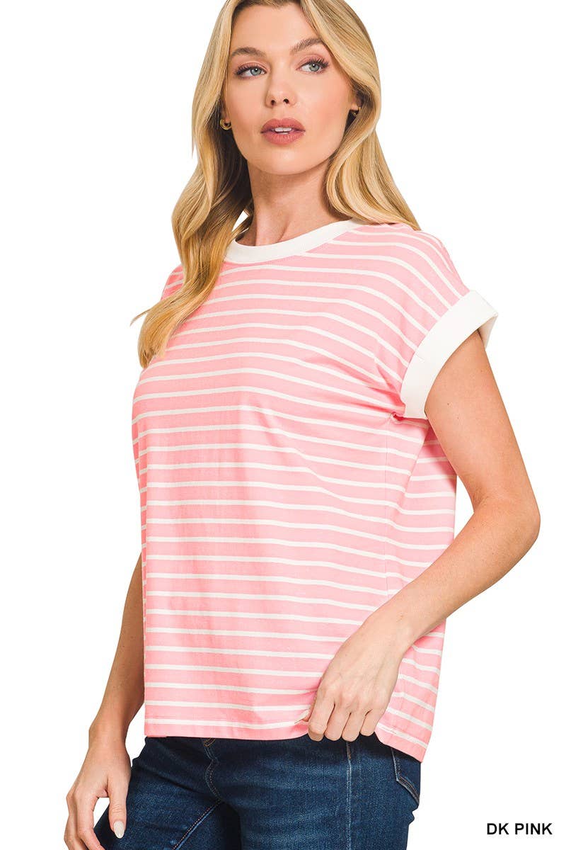 3534 Contrast Trim Cap Sleeve Stripe Tee CT-3543Y