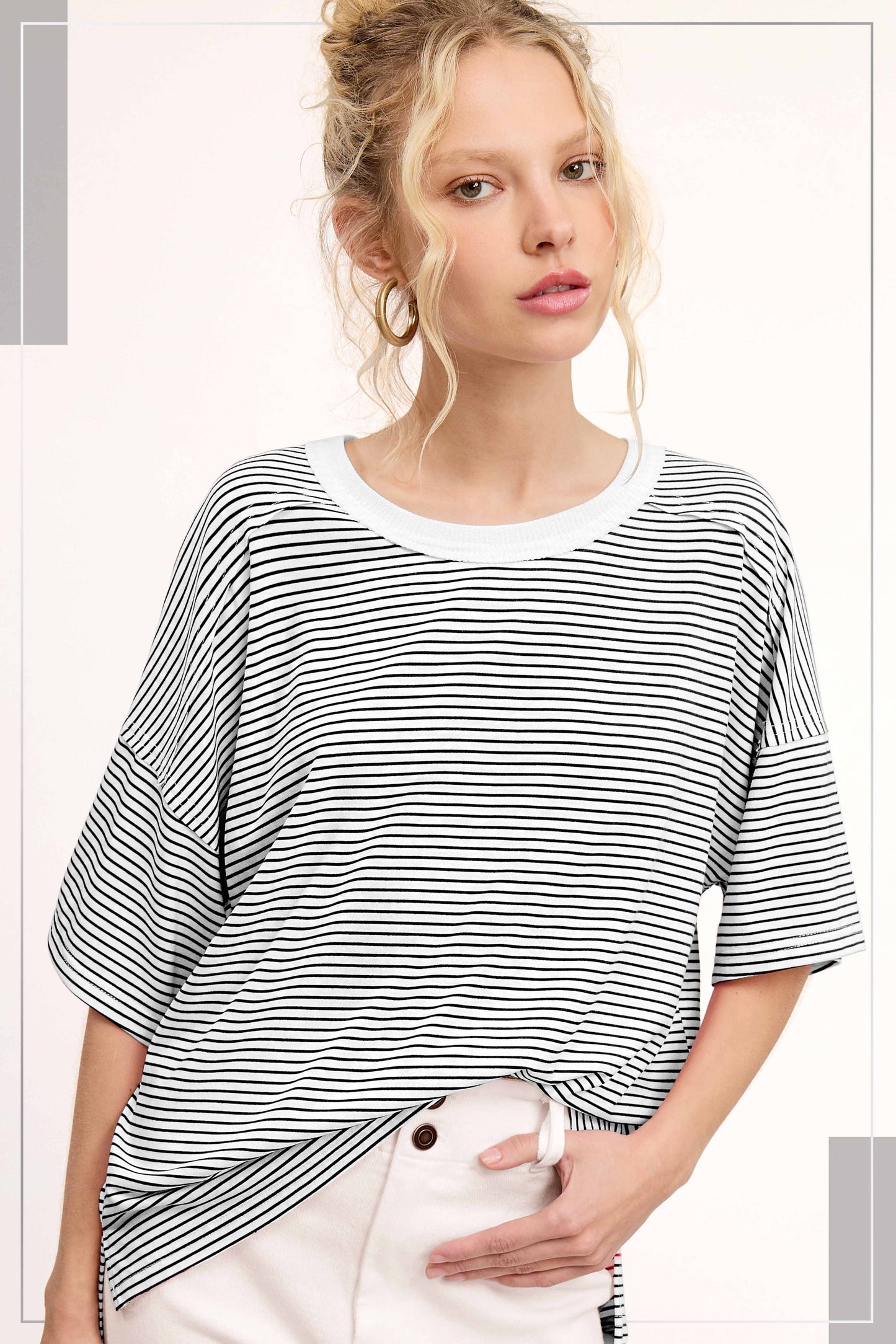 Shirts Women’s Striped Drop Shoulder Short Sleeves HDT7703
