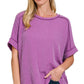 8451 Textured Line Short Cuff Sleeve Raw Edge Top