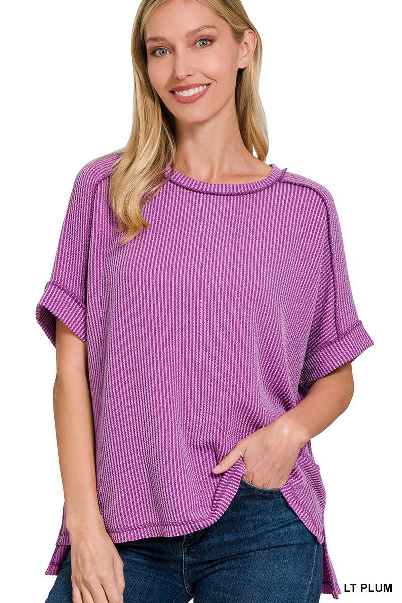8451 Textured Line Short Cuff Sleeve Raw Edge Top