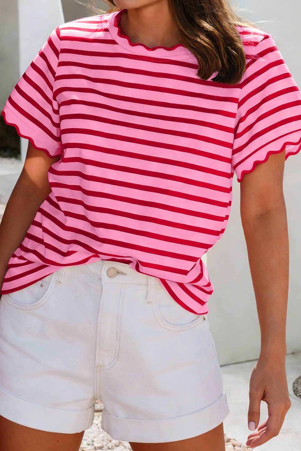 Shirts Women’s LDC Spring Scalloped Trim Round Neck Stripe T Shirt P219 P319
