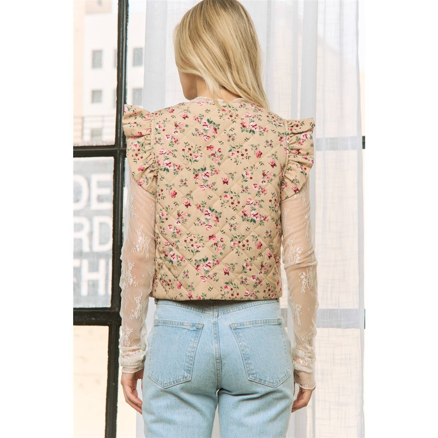 Shirts Women’s FLORAL PRINT VEST JACKET With ARMHOLE RUFFLE JK10401