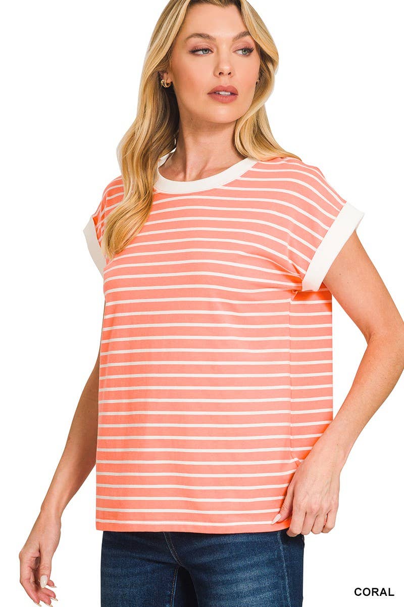 3534 Contrast Trim Cap Sleeve Stripe Tee CT-3543Y