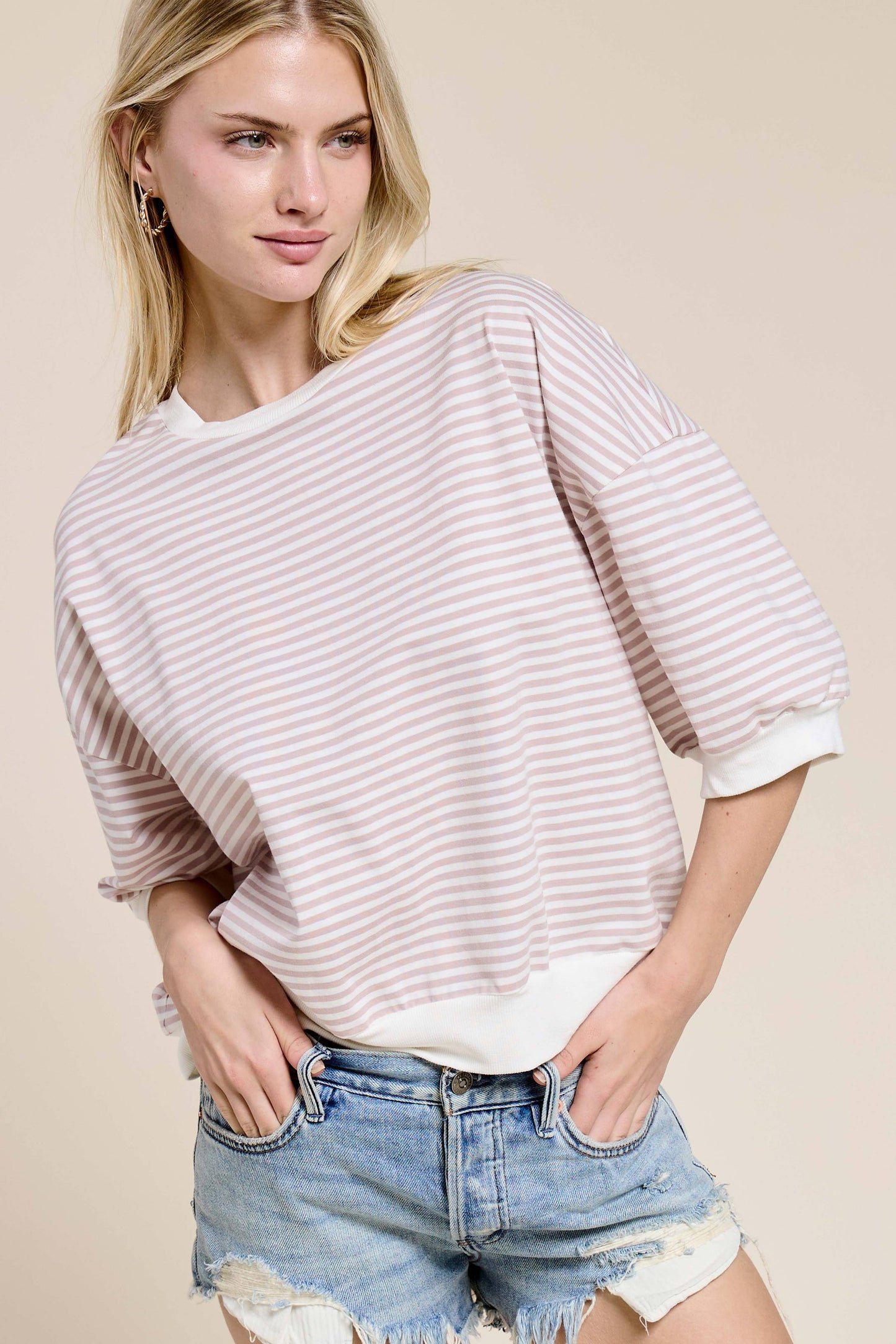 Shits Women’s Loose Fit Striped Short Sleeve Crew Neckline Top MCT7688