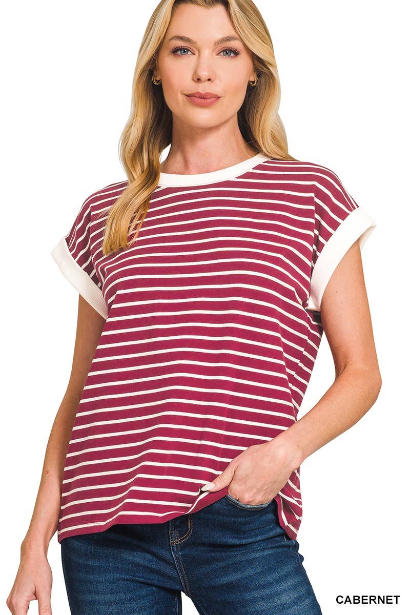 3534 Contrast Trim Cap Sleeve Stripe Tee CT-3543Y