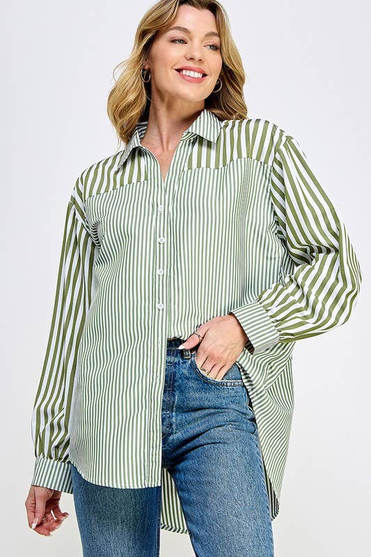 24351O Button Down Stiped Long Sleeves Top
