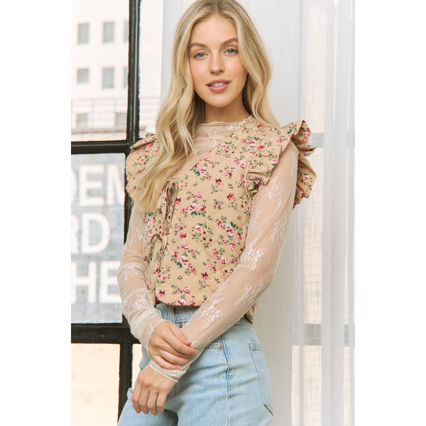 Shirts Women’s FLORAL PRINT VEST JACKET With ARMHOLE RUFFLE JK10401