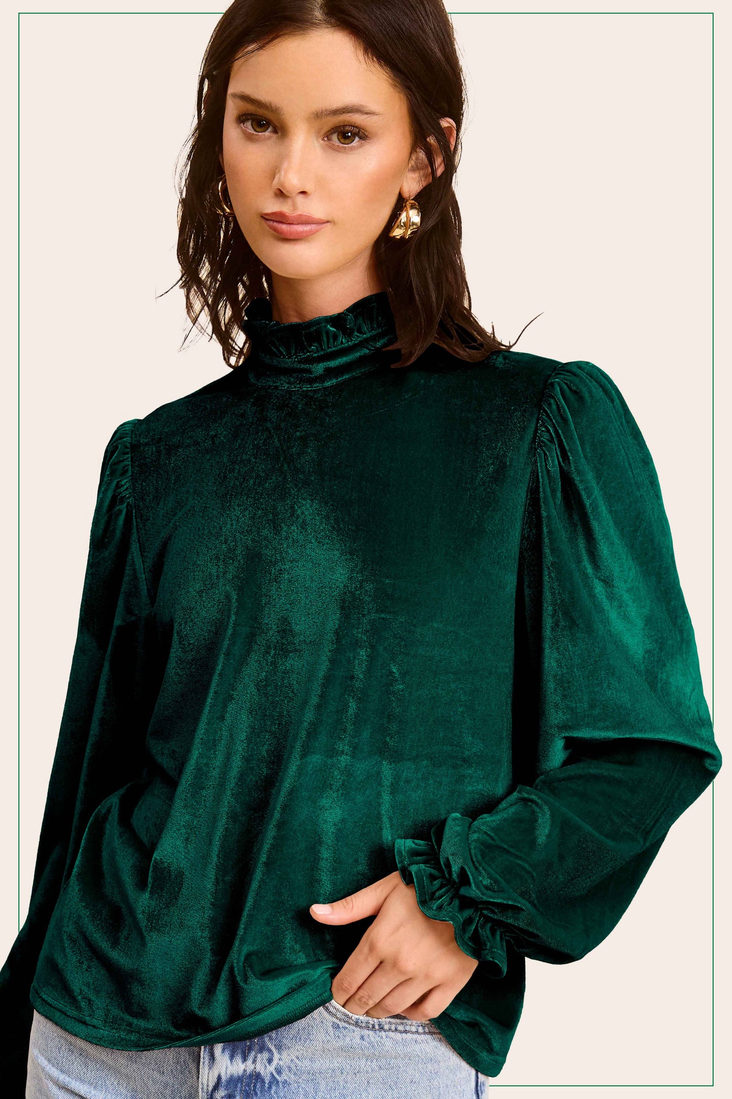 HCT7698-Soft Velvet Long Puff Sleeve Blouse Top shirt womens