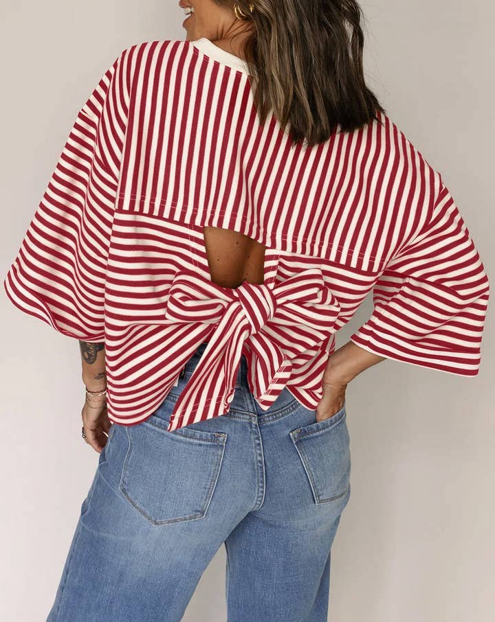 TO1843 Striped Back Tie Bow Knit Top
