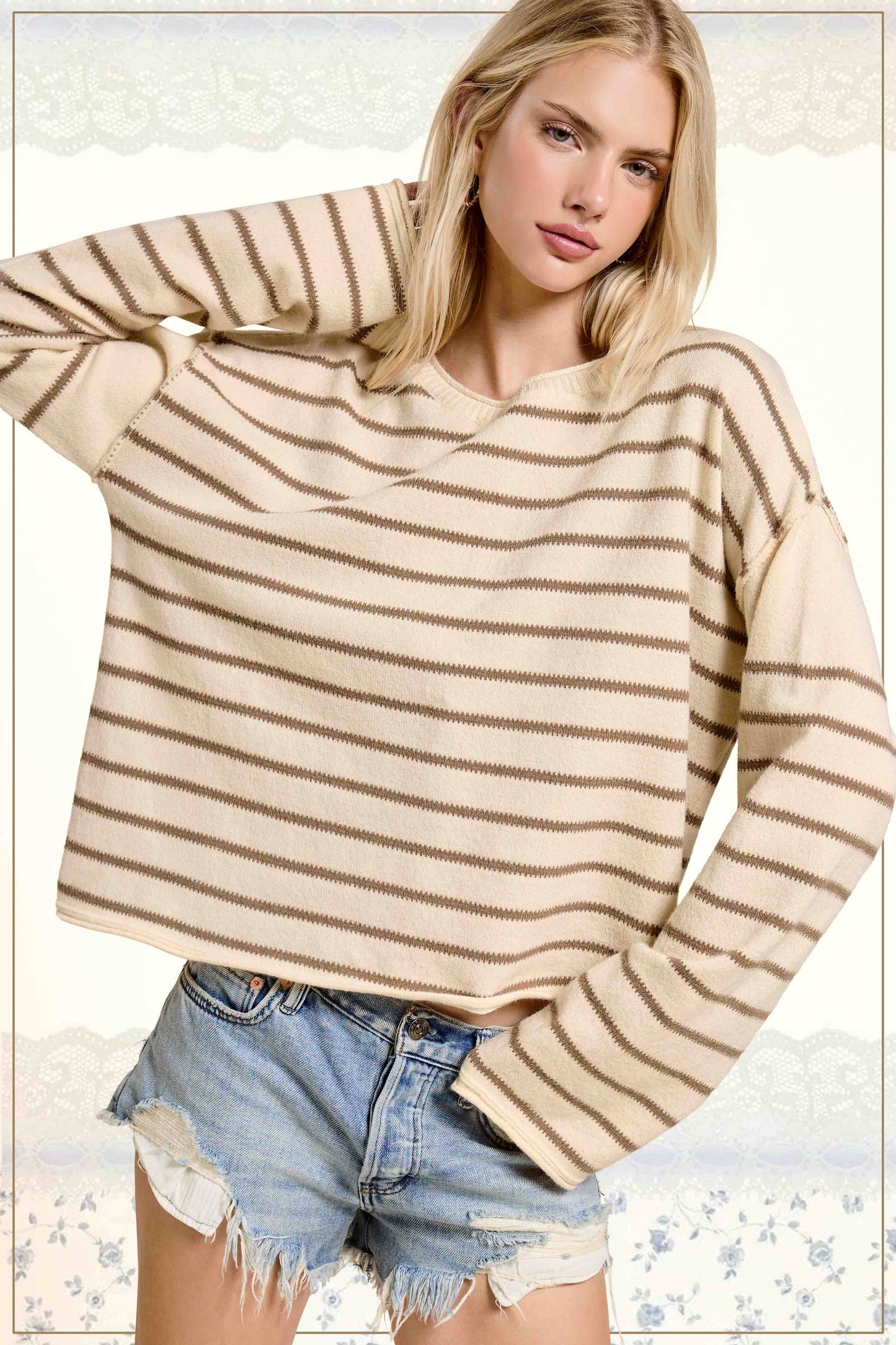MCS3588-Striped Round Neck Loose Fit Long Sleeve Sweater