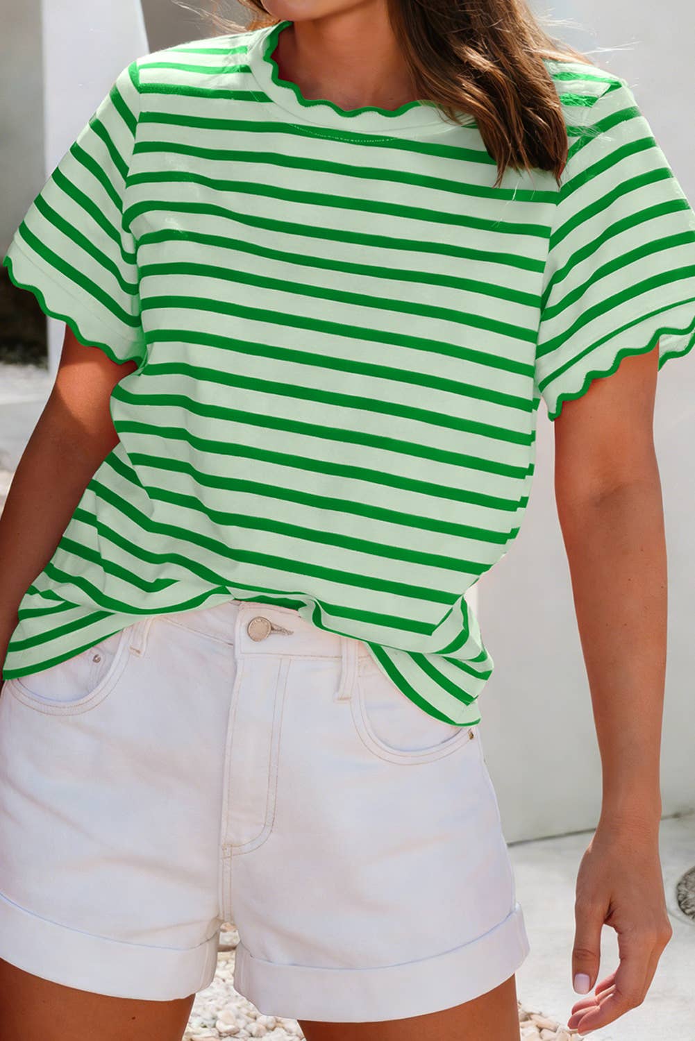 Shirts Women’s LDC Spring Scalloped Trim Round Neck Stripe T Shirt P219 P319