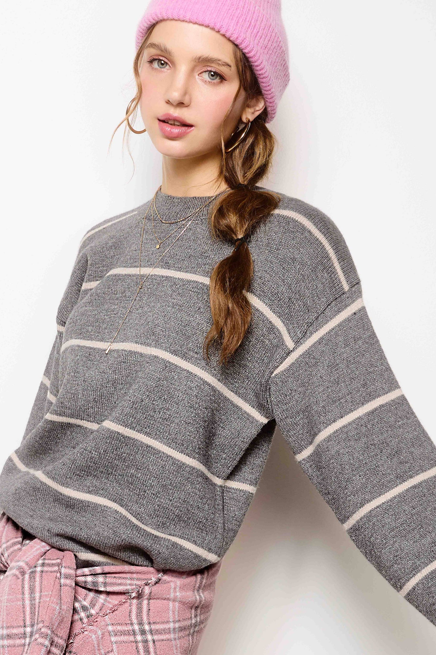 Outerwear Loose Fit Stripe Long Sleeve Crewneck Sweater HCS3553